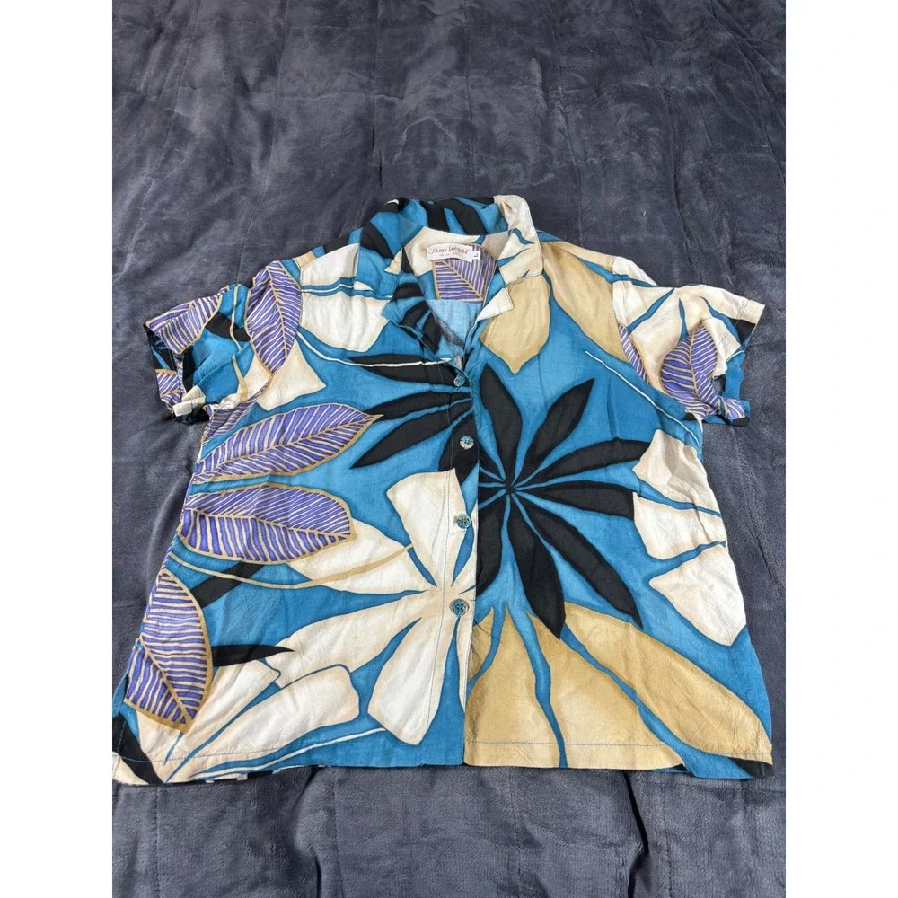 Jams‎ World Womens Large Blue Purple Tropical Leaf Button Up Shirt Rayon Aloha